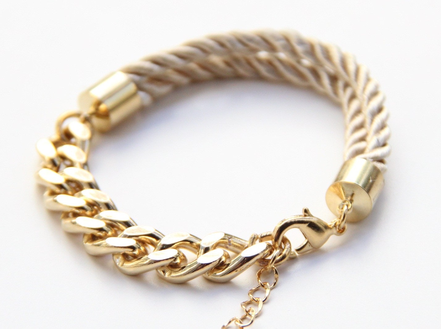 Arm candy - Half and Half: Gold chunky chain and Beige silk Bracelet