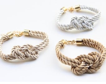 Bridesmaid Wedding Set of 3 - White, Brown and beige silk Knot Bracelet - 24k gold plated