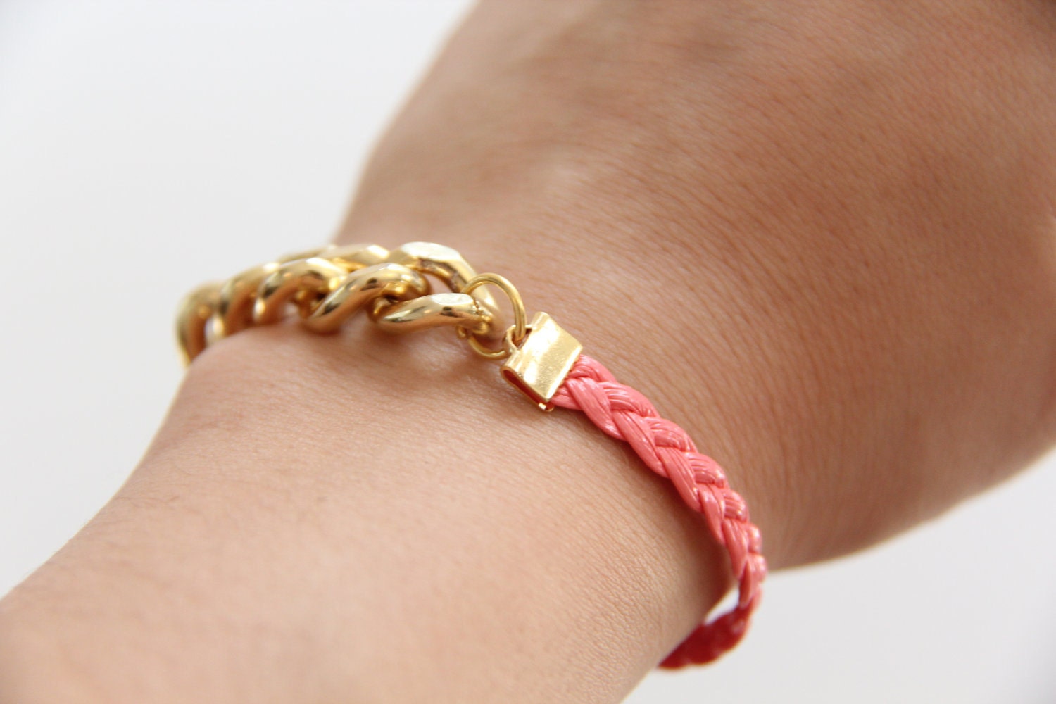 Pink Arm Candy - Gold chunky chain with leather braid Bracelet - 24k gold plated