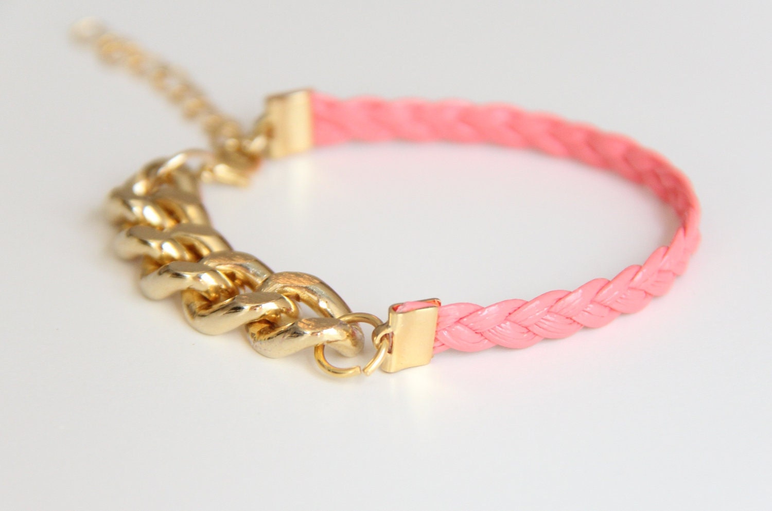 Pink Arm Candy - Gold chunky chain with leather braid Bracelet - 24k gold plated