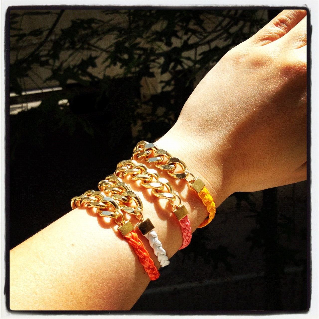 ON SALE: Arm Candy - Gold chunky chain with White leather braid Bracelet - 24k gold plated