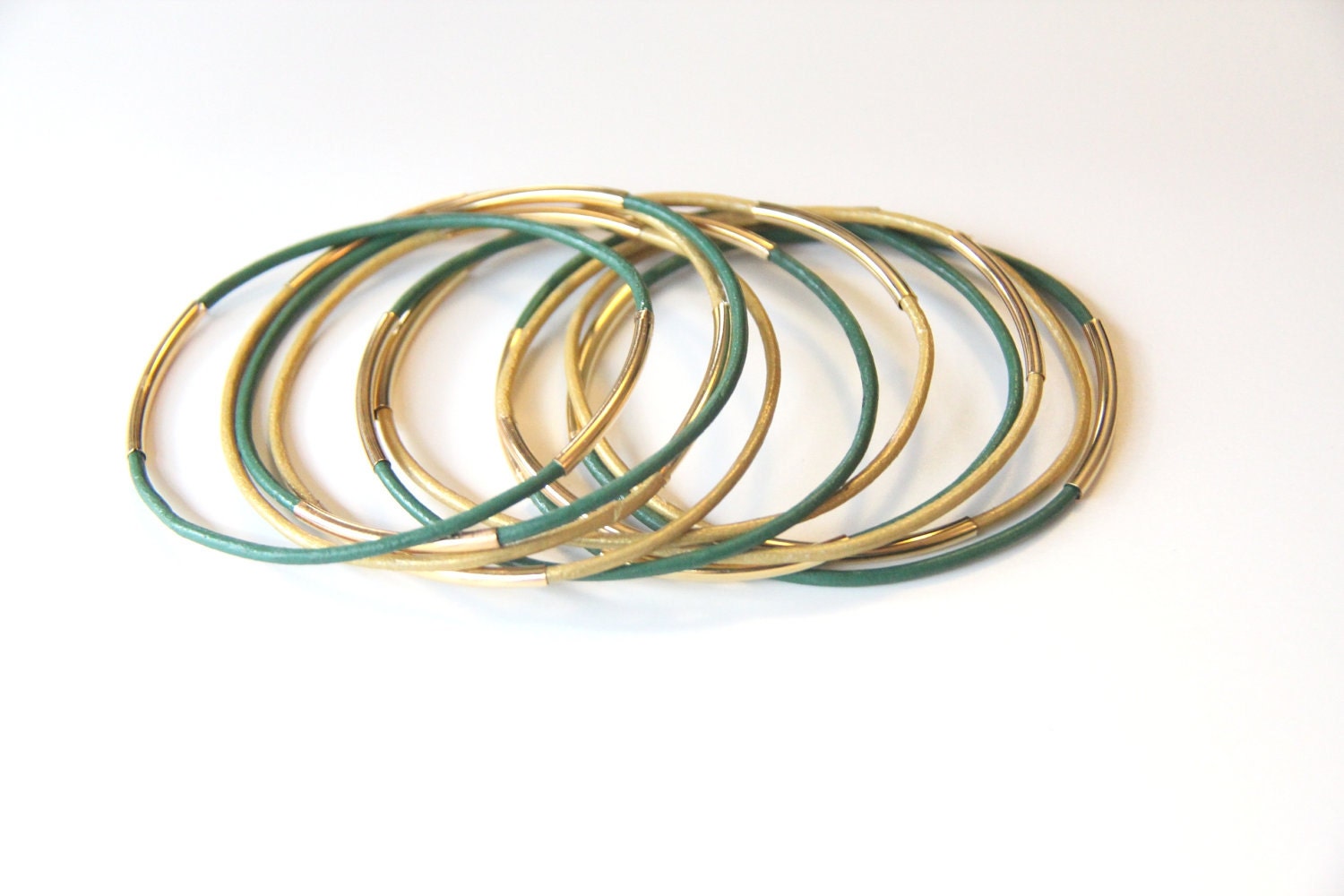 Set of 10 Green and Gold leather Bangle Bracelets with gold bars - 24k gold plated