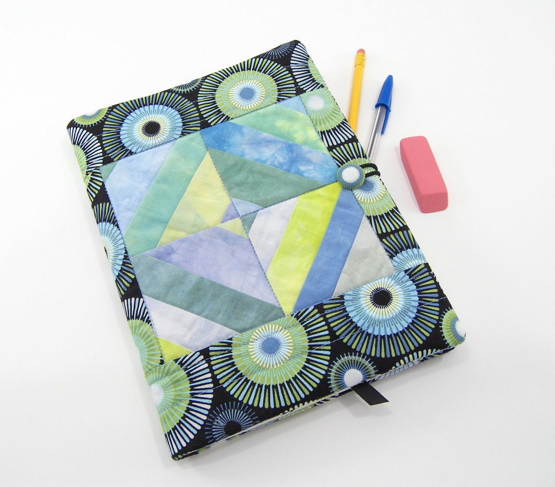 Quilted Journal, Fabric Diary, Composition Notebook Cover - Blue and Green Strip Pieced Hand Dyed Cotton with Black