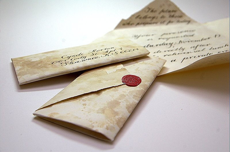 Wedding Invitations Vintage - Handmade Calligraphy with Wax- Made to order