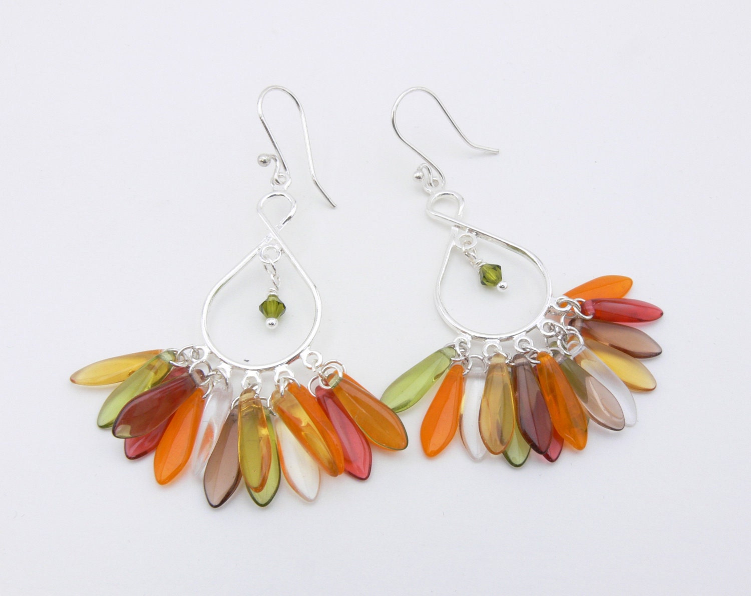 Chandelier earrings, long earrings, long dangle earrings, Czech glass daggers, tangerine earrings, orange dagger earrings, olive green