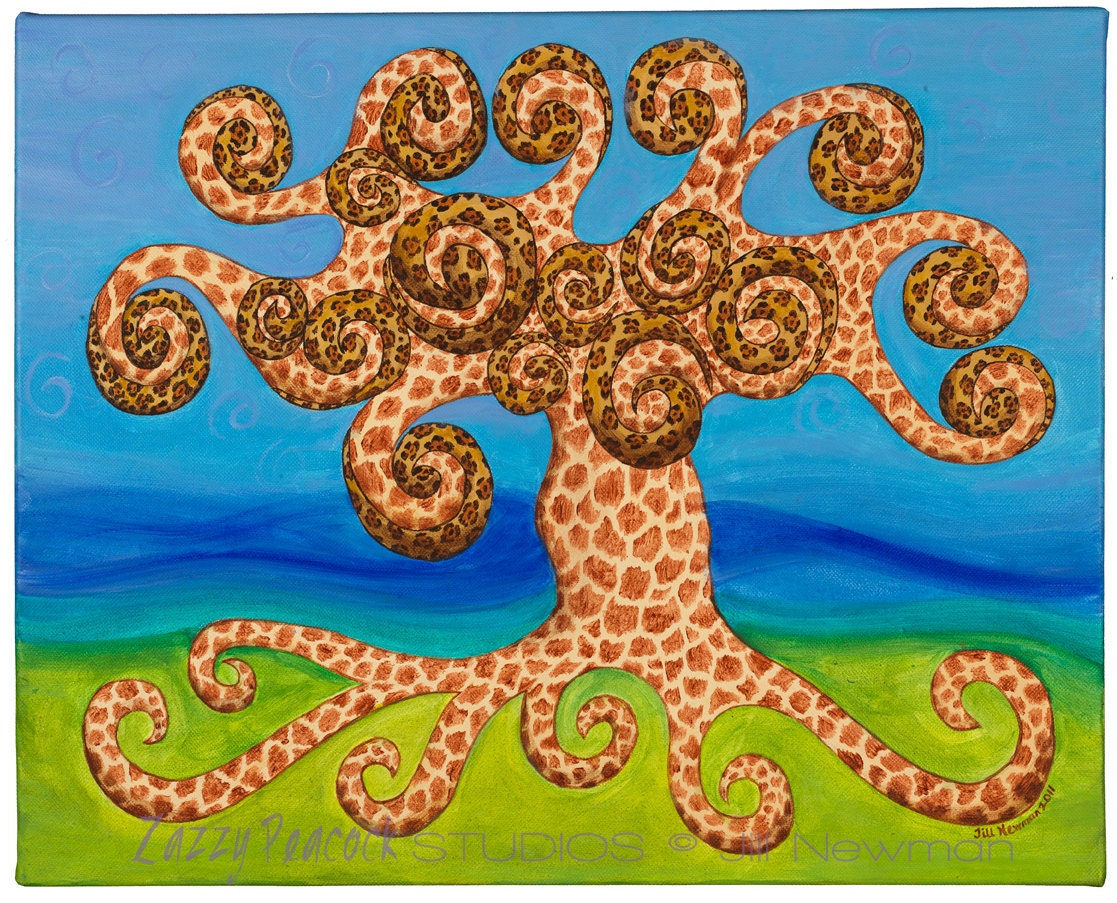 Abstract Leopard Giraffe Tree Landscape -- Original Acrylic Painting on 16" x 20" Canvas  -- Ready to Hang