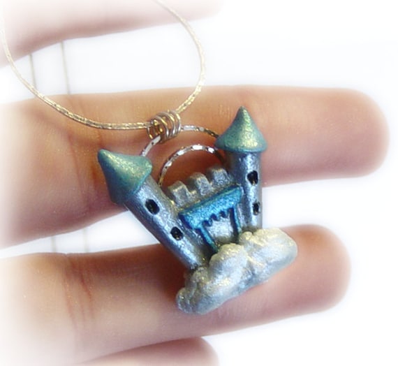 Sky castle polymer clay necklace, blue castle on a cloud, disney, fairytale, fantasy jewelry