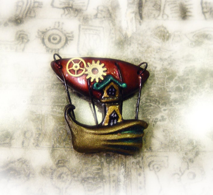 Polymer clay jewelry, fantasy jewelry, flying machine polymer clay pendant