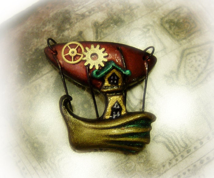 Polymer clay jewelry, fantasy jewelry, flying machine polymer clay pendant