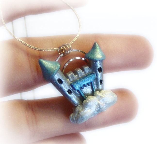 Sky castle polymer clay necklace, blue castle on a cloud, disney, fairytale, fantasy jewelry