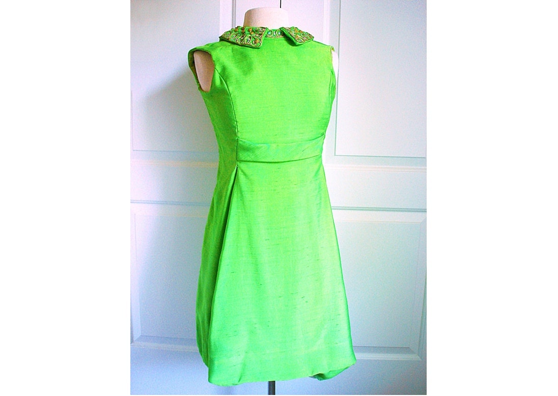 Vintage 60s cocktail dress in lime green/ bejeweled collar