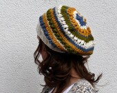 slouchy beanie hat beige lime green yellow blue stripes
