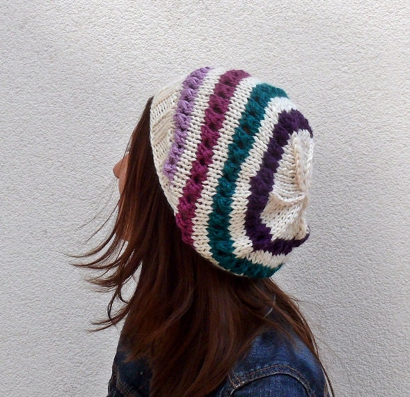slouchy beanie hat purple, turquoise and pink stripes