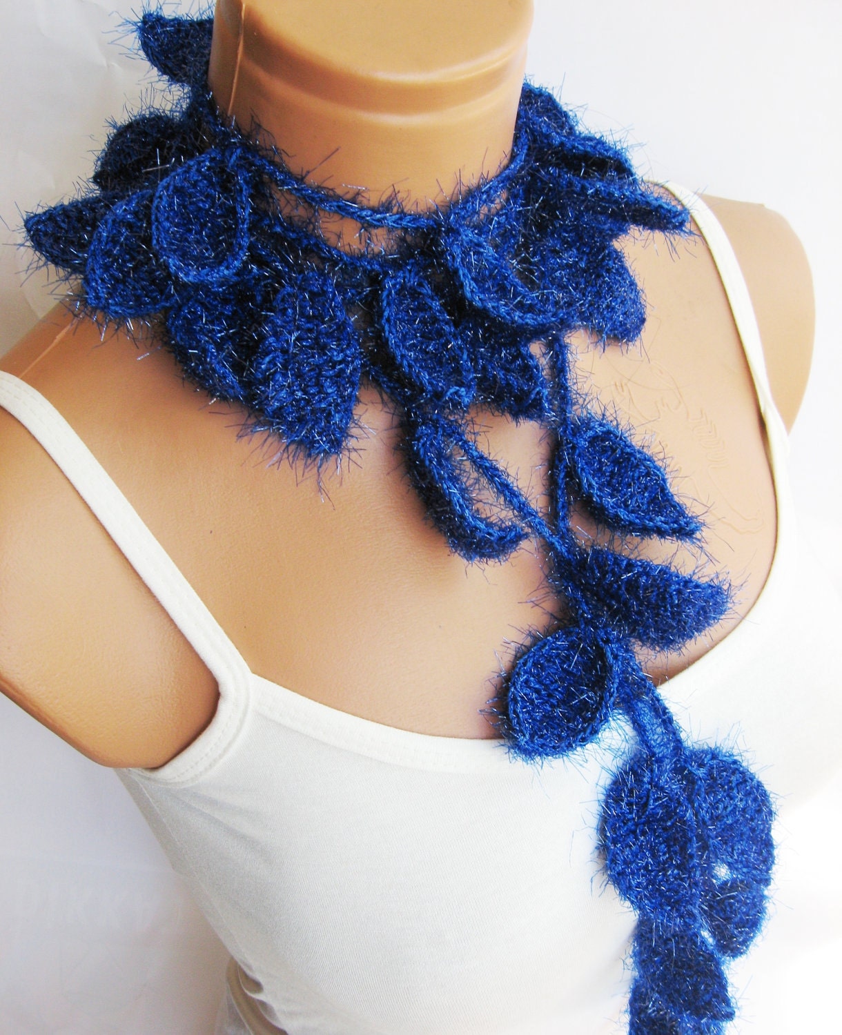 Silvery blue Crochet ivy, Royal blue, ivy leafs Lariat Scarf. Fashion Flower Scarves, Necklace...