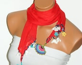 2012 summer trends Crocheted red scarf with handmade multi color oya flowers - WomanStyleStore