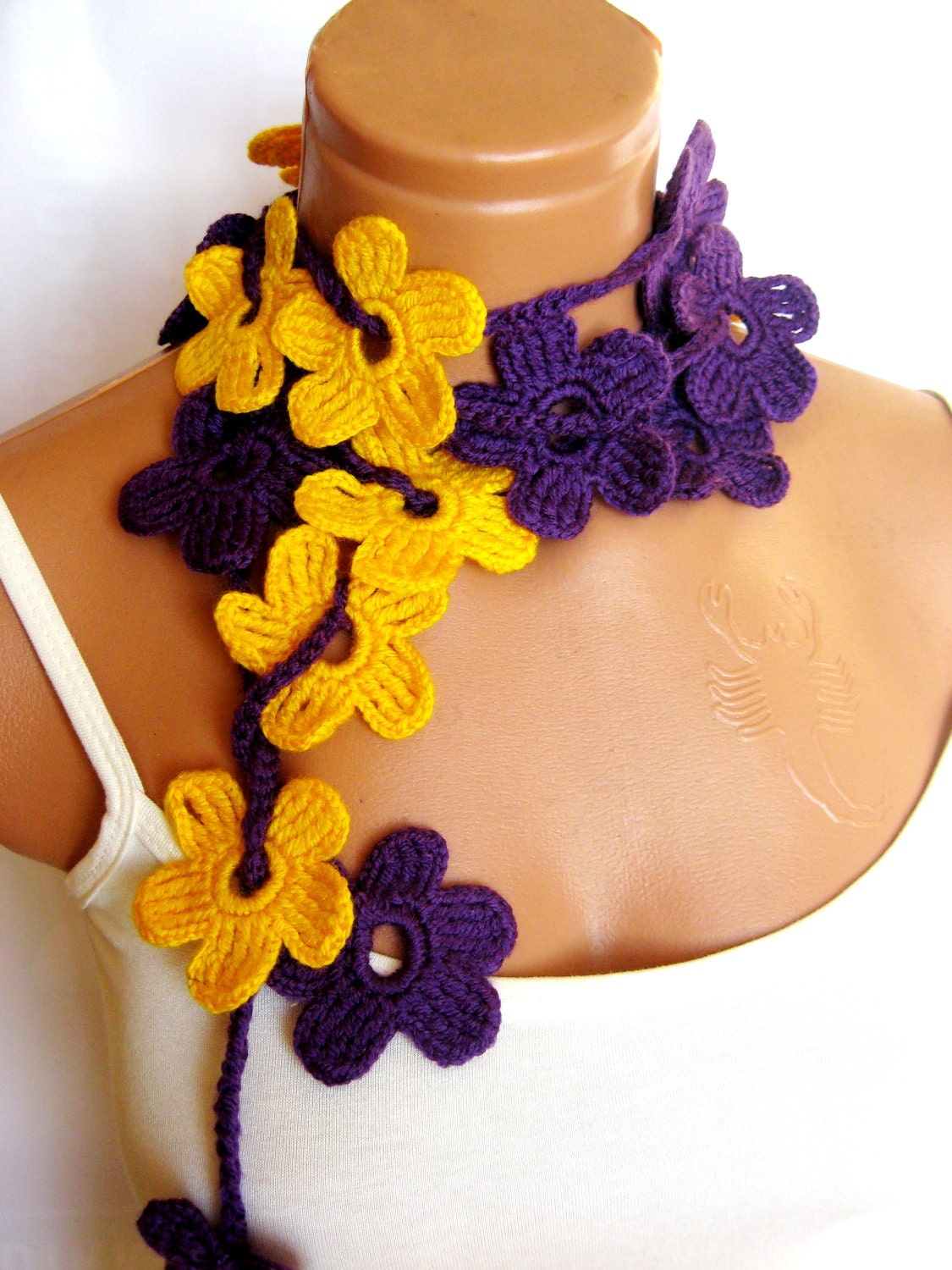 Hand made Crochet Flower Purple, Yellow, Lariat Scarf. Fashion Flower Scarves, Necklace...