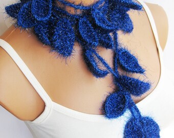 Silvery blue Crochet ivy, Royal blue, ivy leafs Lariat Scarf. Fashion Flower Scarves, Necklace...