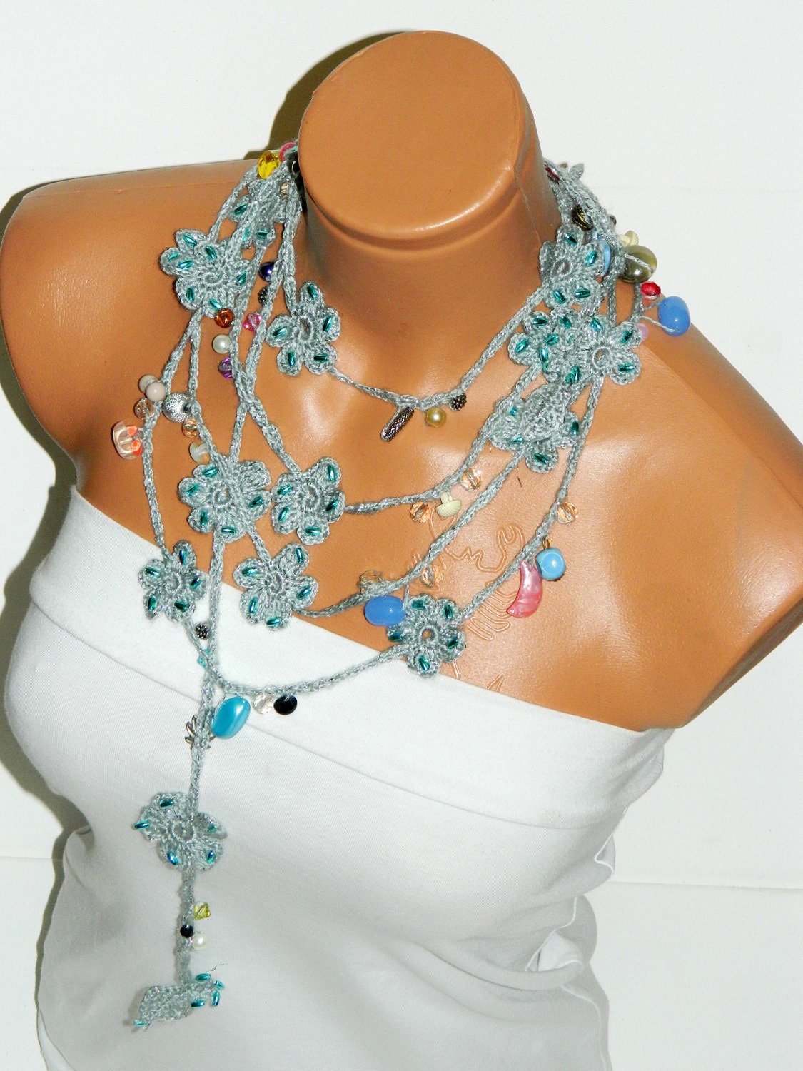 Crochet,gray, multicolor inlaid stones Flower Lariat Scarf. Fashion Flower Scarves, Necklace...