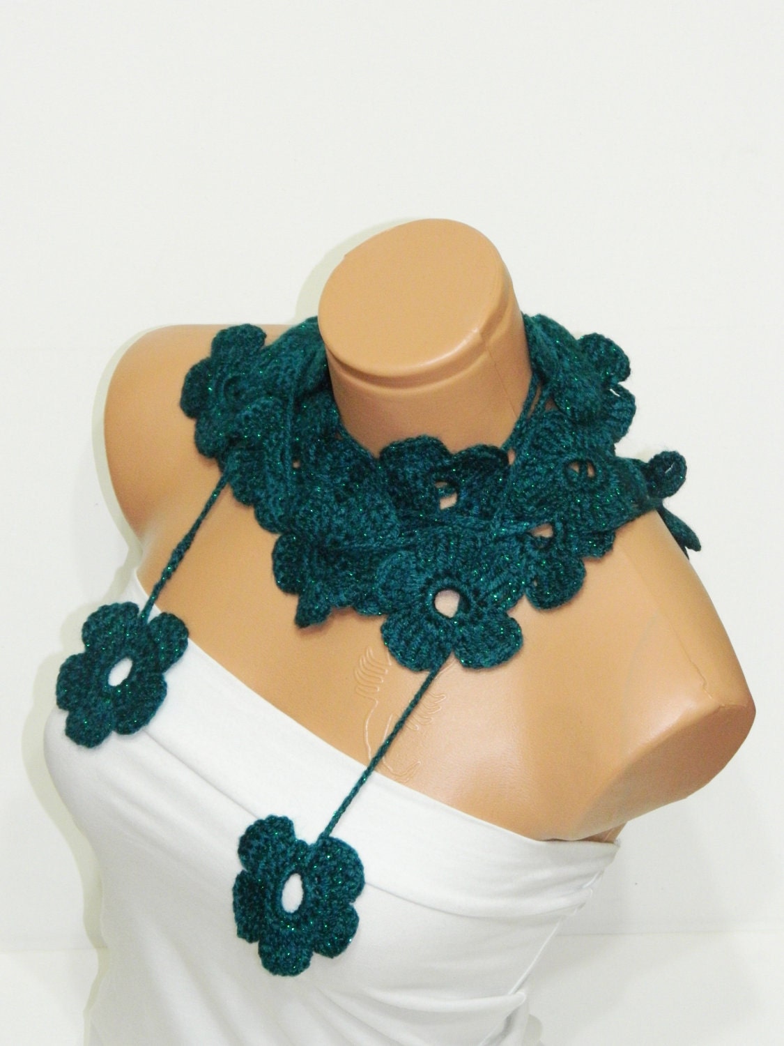 Hand made crochet oil blue Flower Lariat Scarf. Fashion Flower Scarves, Necklace...