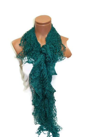 Latest Fashion filet knit dark mint turquoise women scarf, ruffle design, unique gift for women, spring trends 2012
