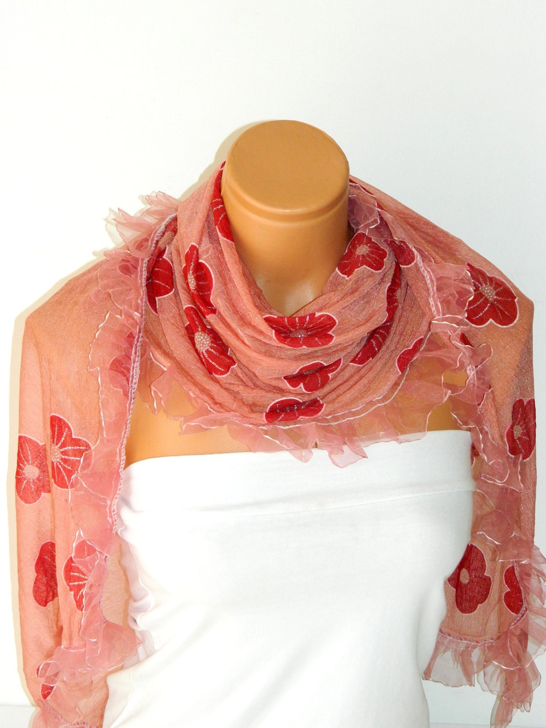 summer fashion shawl, scarves. white Frilly, fancy flower pattern sim. wedding,bridal,authentic, romantic, elegant