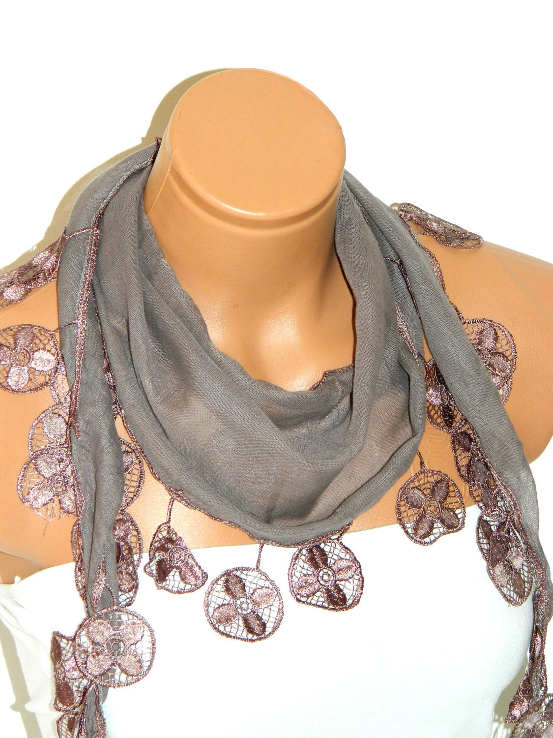 Personalized Design chocolate, beige Scarf. Turkish Fabric Fringed Guipure Scarf ..bandana,headband,wedding,bridal,authentic, romantic,