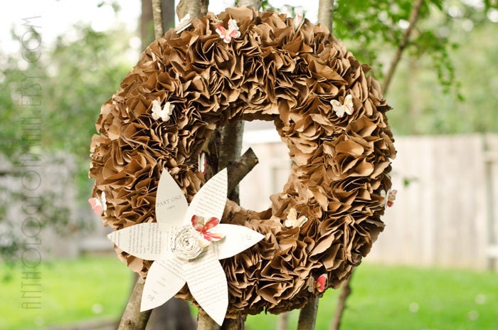Eco Friendly Woodland Paper Wreath - Upcycled Brown Paper, Book Page Flower and Red Floral Butterflies Unique Handmade Home Decor