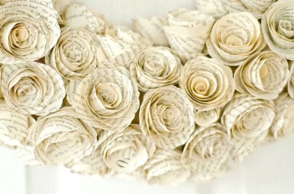 Medium Book Page Rosette Wreath 17 Inch - Upcycled Wedding, Birthday or Anniversary Gift - Spring Shabby Chic Eco Friendly Green Home Decor