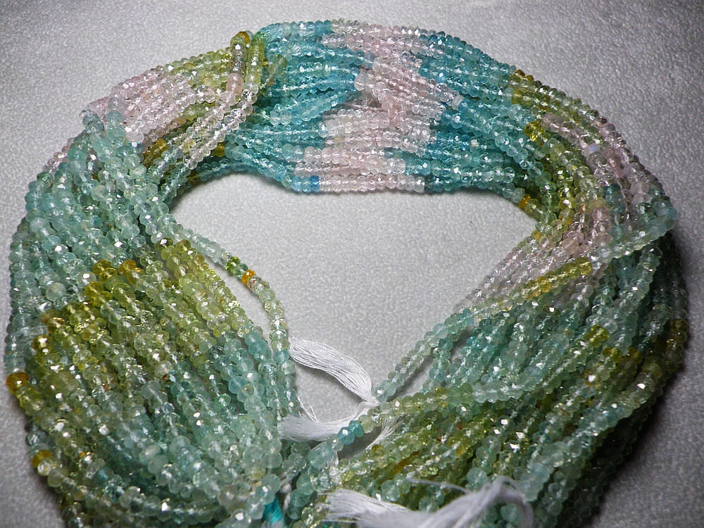 Multicolor Blue Aquamarine, Pink Morganite, Green Beryl Faceted Rondelle Bead Whole Strand 3mm-4mm