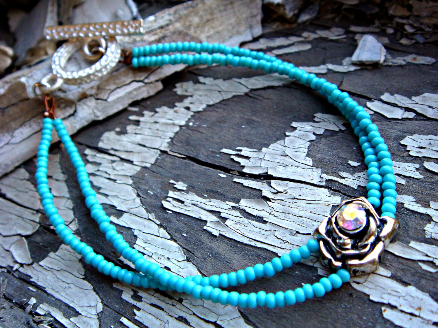 Turquoise Beaded Bracelet with a Swarovski Accented Pewter Rose