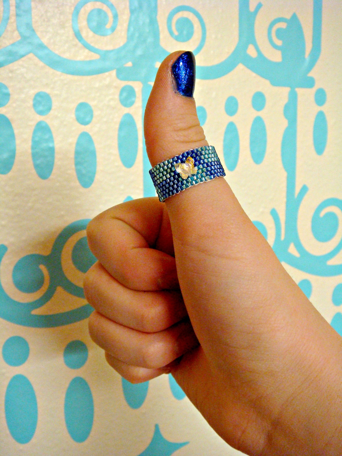 Blue Checker Peyote Stitched Ring