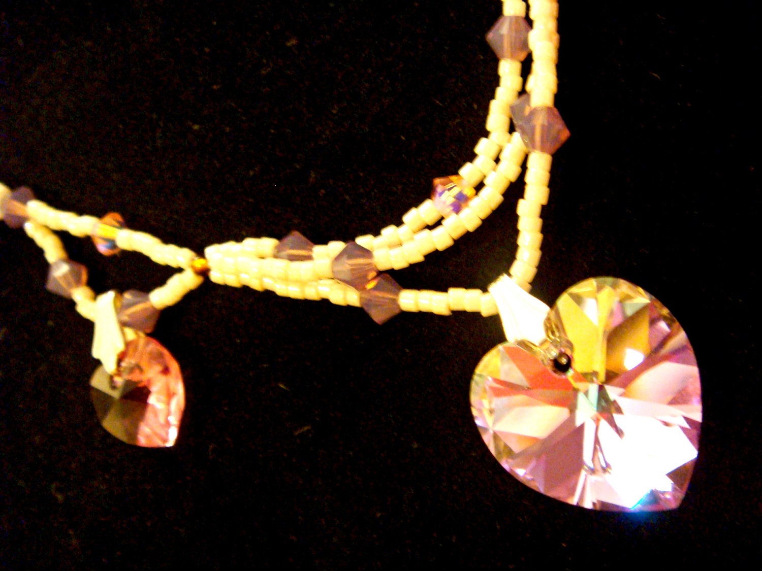 Triple Stranded Brown and Ivory Necklace with Crystal Hearts
