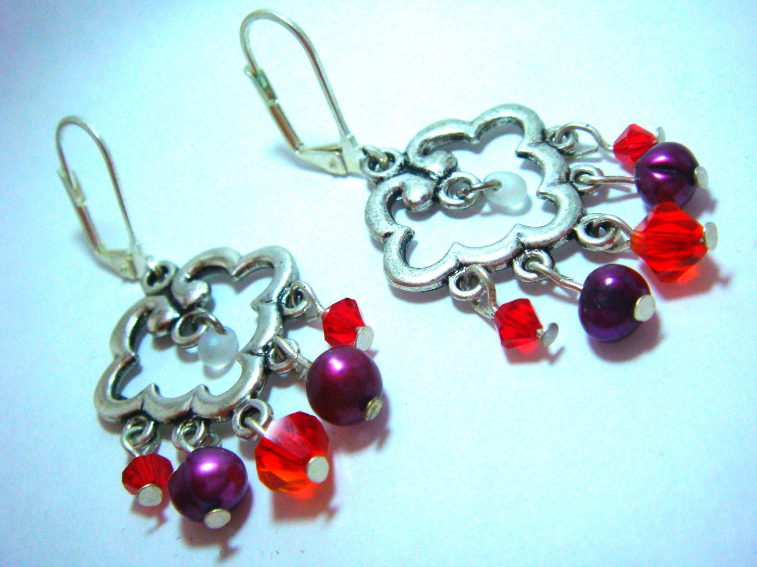 Purple Pearl and Red Crystal Chandelier Earrings