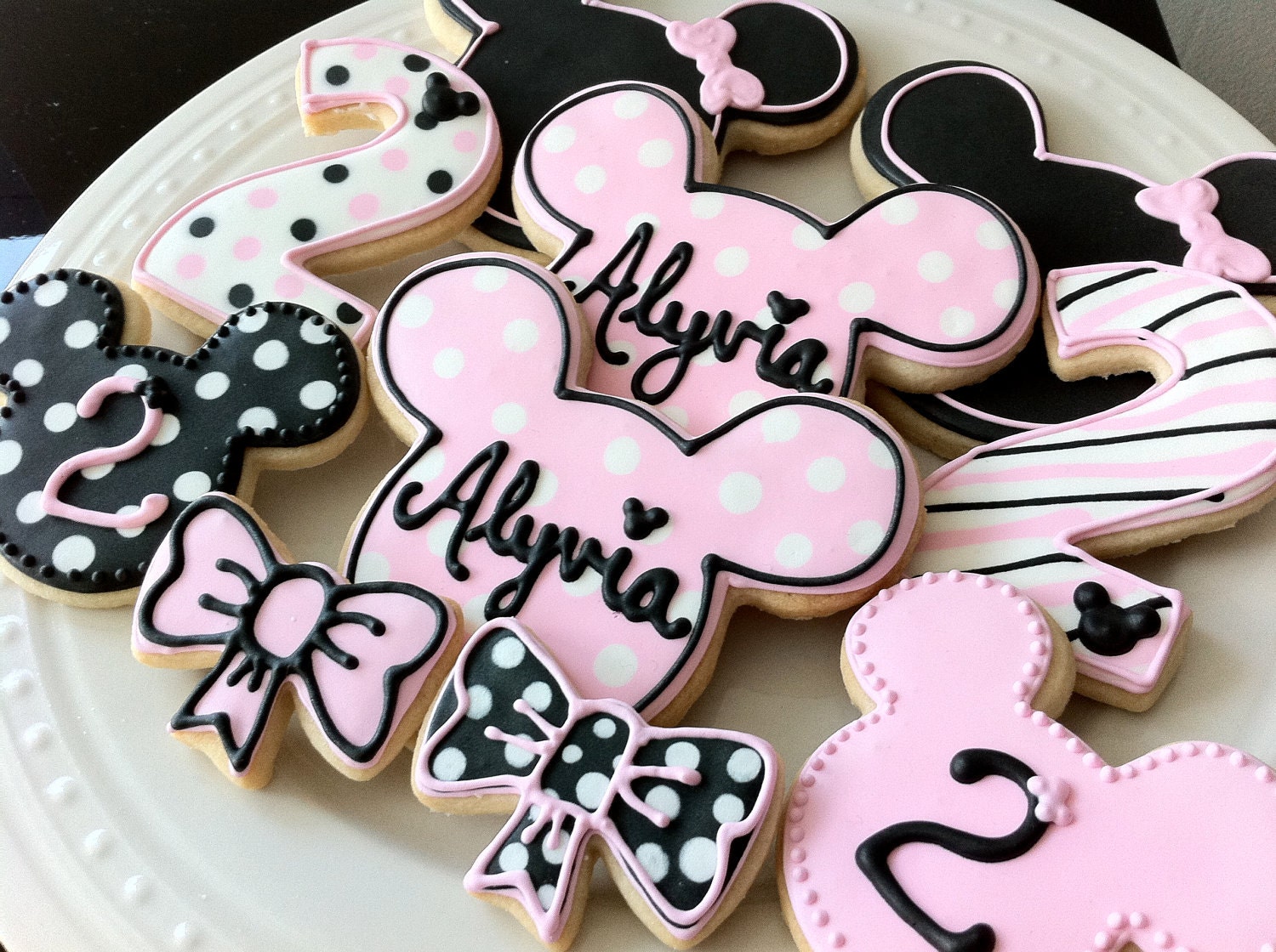 Decorated Minnie Mouse Personalized Cookies, Pink and Black Perfect for your child's Girly Birthday Party Favors