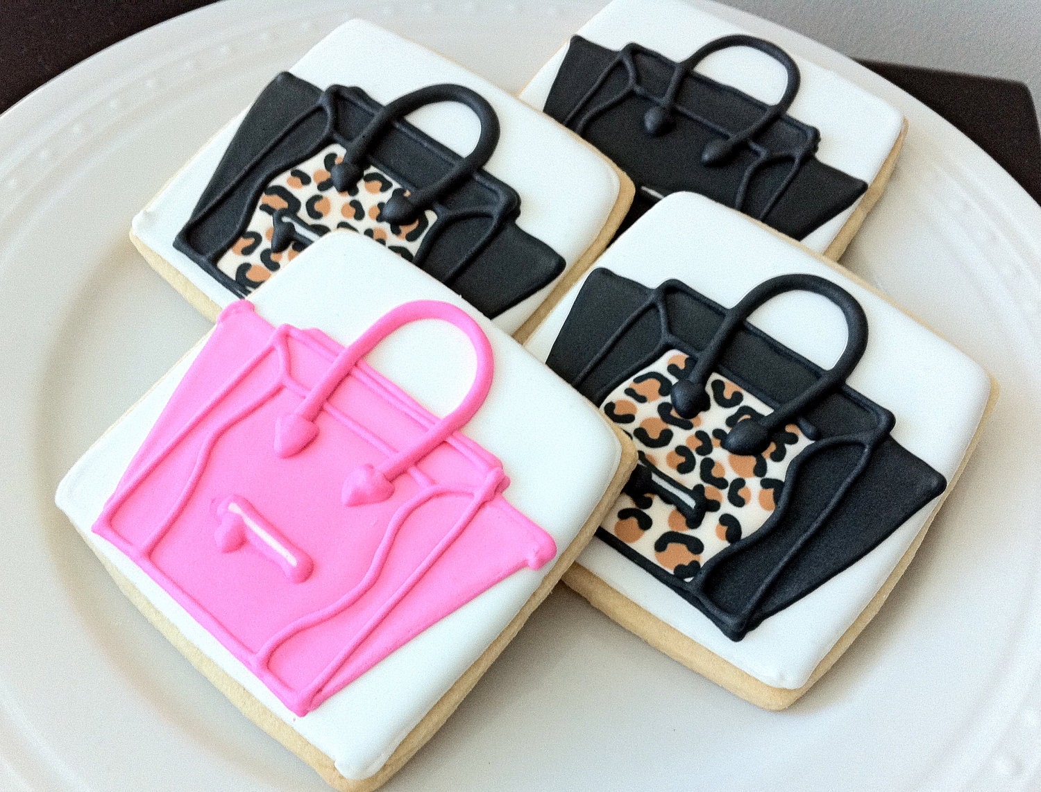 Celine Inspired Mini Luggage Tote Bag decorated cookies- Leopard, Neon Fluorescent Pink,and Black
