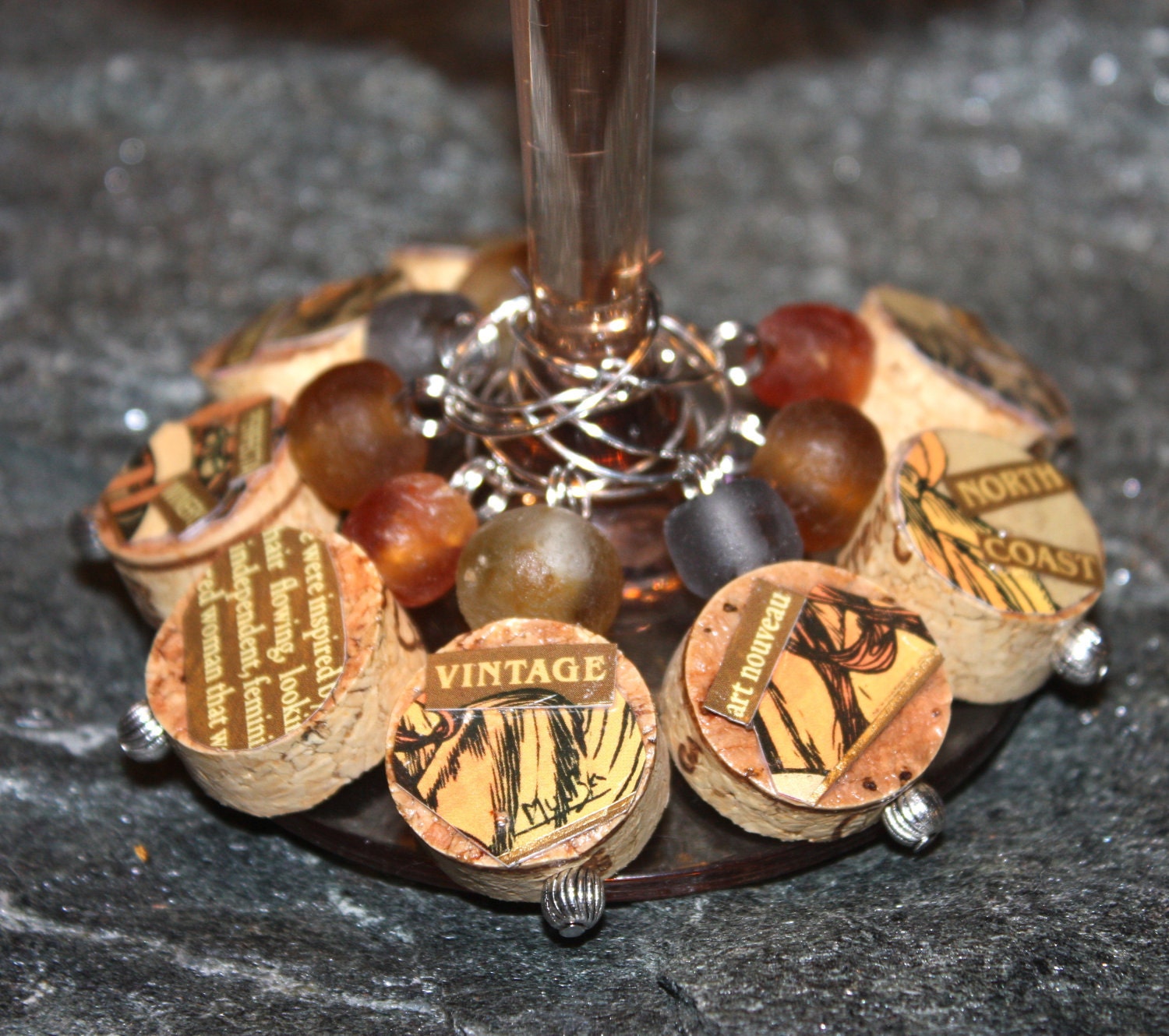 Wine Glass Charm Markers - Cork with Perfecta Wine Label