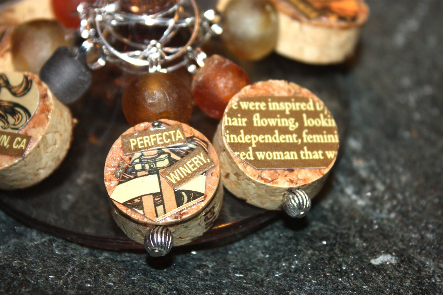 Wine Glass Charm Markers - Cork with Perfecta Wine Label