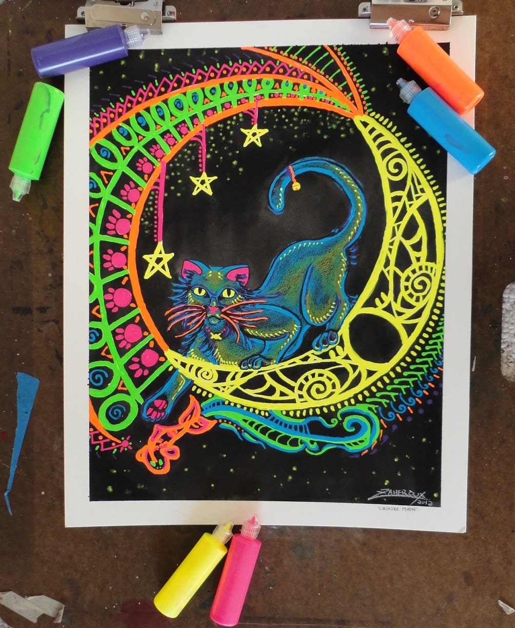 Original Mixed Media - Cheshire Moon - Black Light Rave Crescent Kitty Cat Arcane Pagan Celestial