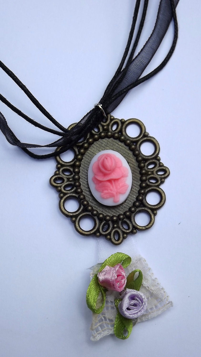 Pink rose cabochon shabby chic vintage pendant on black ribbon and black cord chain