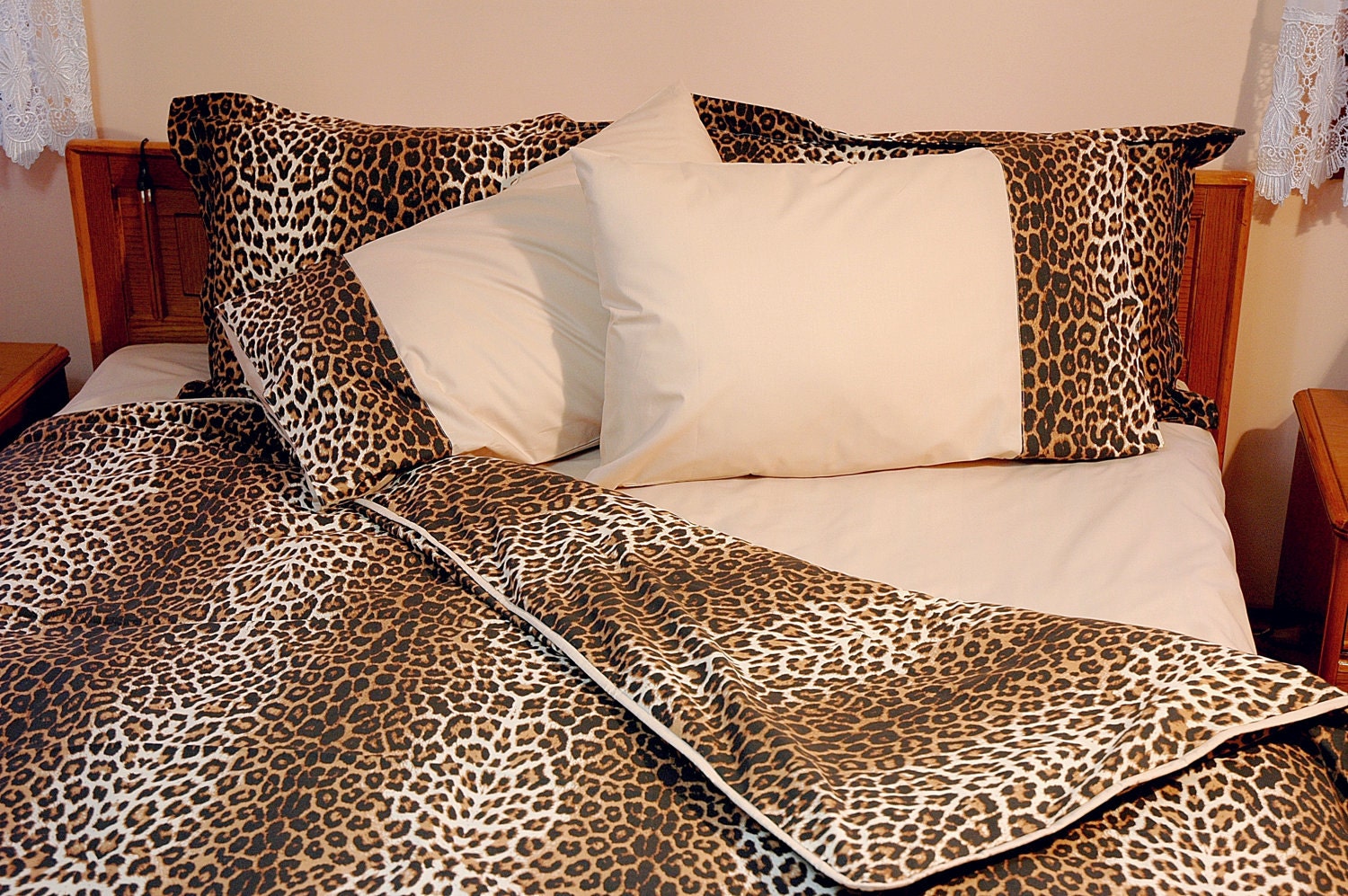 Custom Queen or Full Size Brown Cream Beige Camel Leopard Ranforce Bedding Set