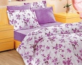Custom Queen Size Lilac Plaid, Checked  Floral Branch Spring Flowers Printed Cotton Duvet Cover Set, 3 pieces