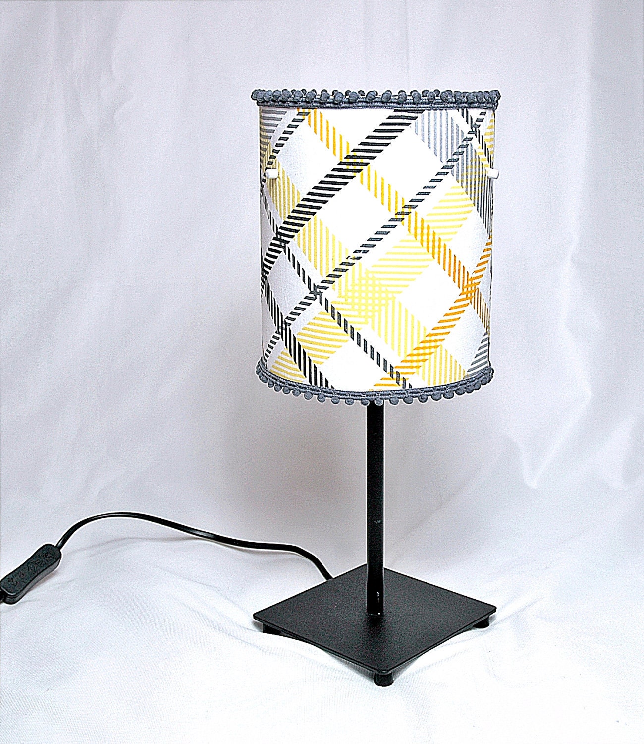 Decorative Grey and Yellow Checked Printed Fabric Drum Lamp Shade