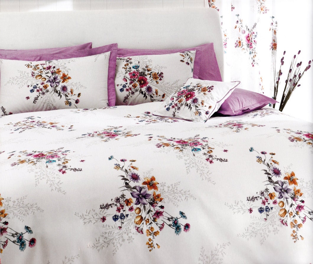 Custom Queen or Full Size Lilac Fuchsia Pink Blue Floral Bouquet Printed on White Backround Bedding Set