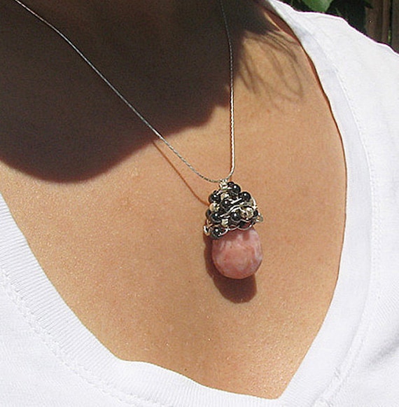 Peruvian pink opal necklace Grey gemstone beaded necklace Sterling silver Wire wrapped beaded jewelry Gemstone jewelry Mothers Day