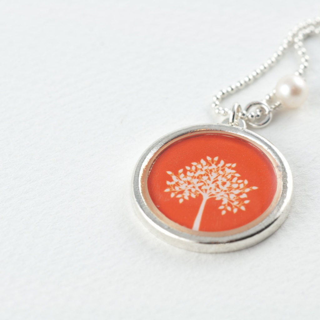 Tree Necklace Silver Tree of Life Necklace Orange Tree Pendant