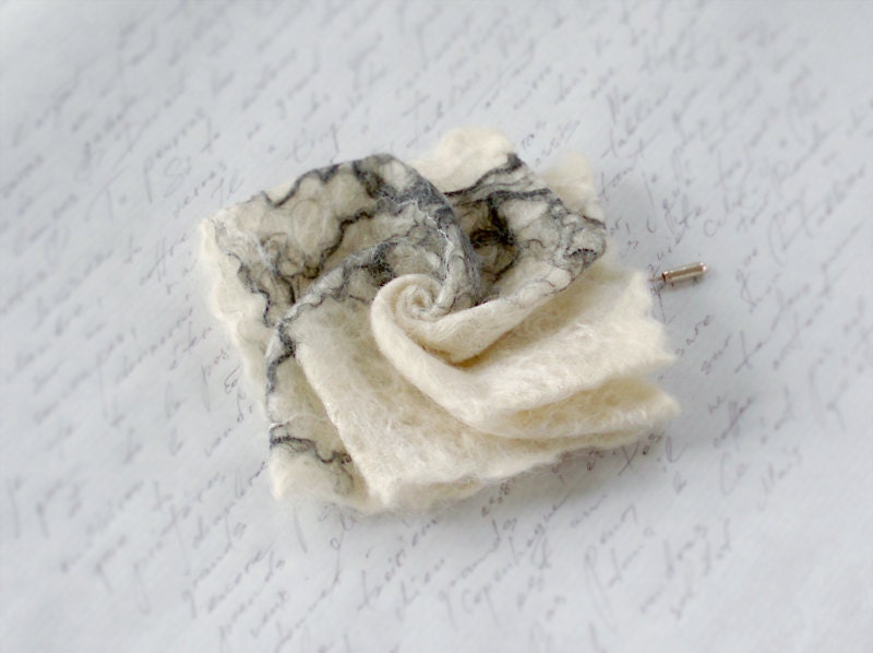 Flower brooch,  wool felted brooch, white and black color, Boho chic