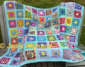 Crocheted afghan kaleidoscope granny squares with seafoam (turquoise/aqua) border MADE TO ORDER
