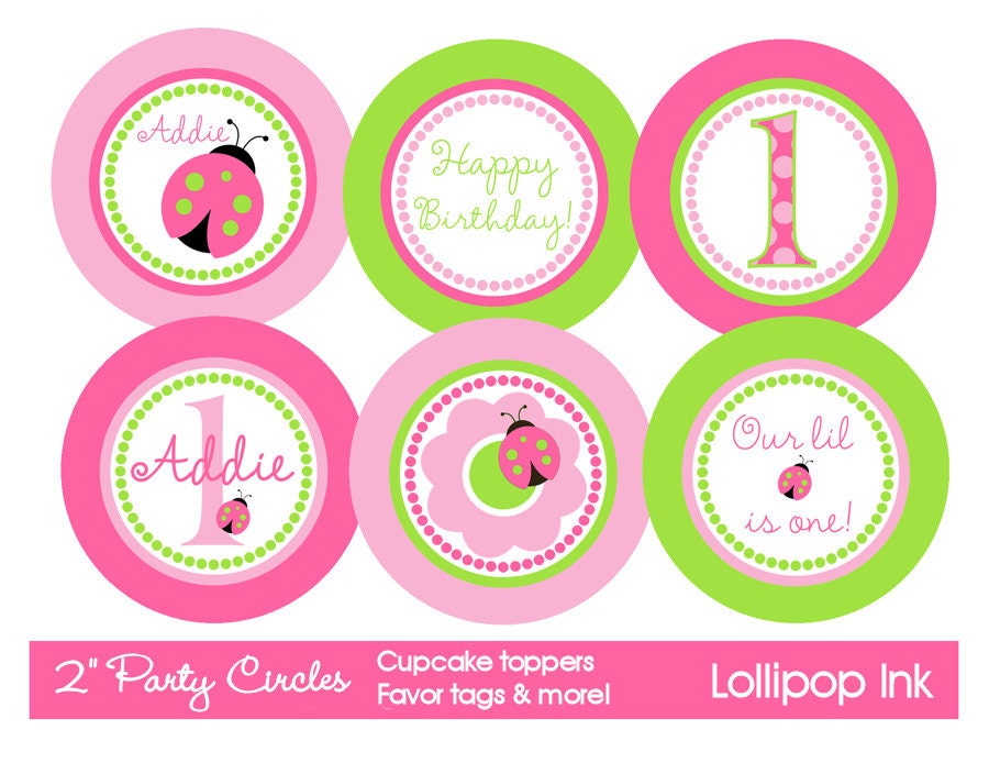 Ladybug in Pink and Green Printable Party Circles, DIY Pink and Green Ladybugs, Personalized Cupcake Toppers, Favor Tags