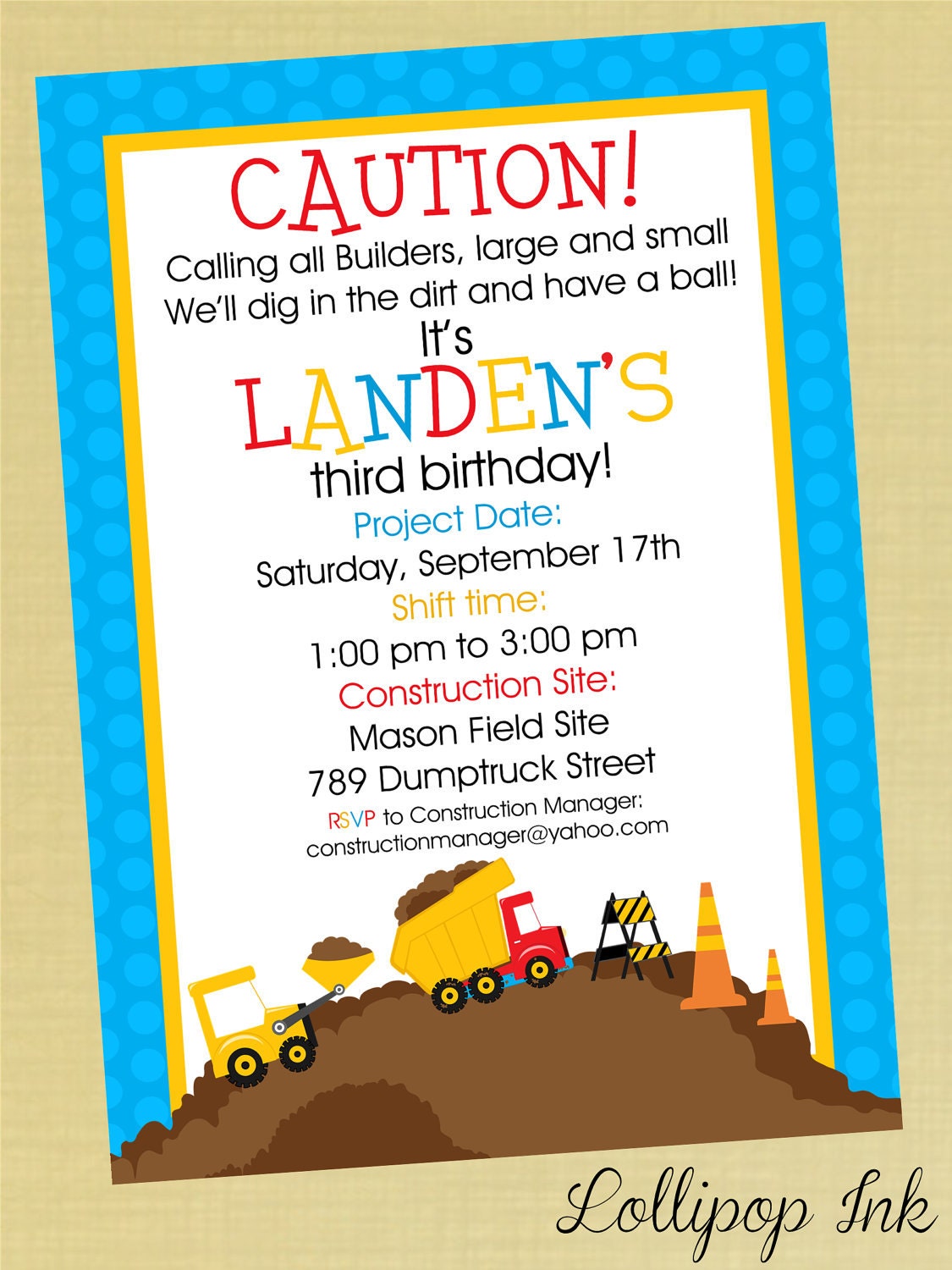 Construction Printable Invitation, Construction Zone Personalized Birthday Invite, Birthday Boy