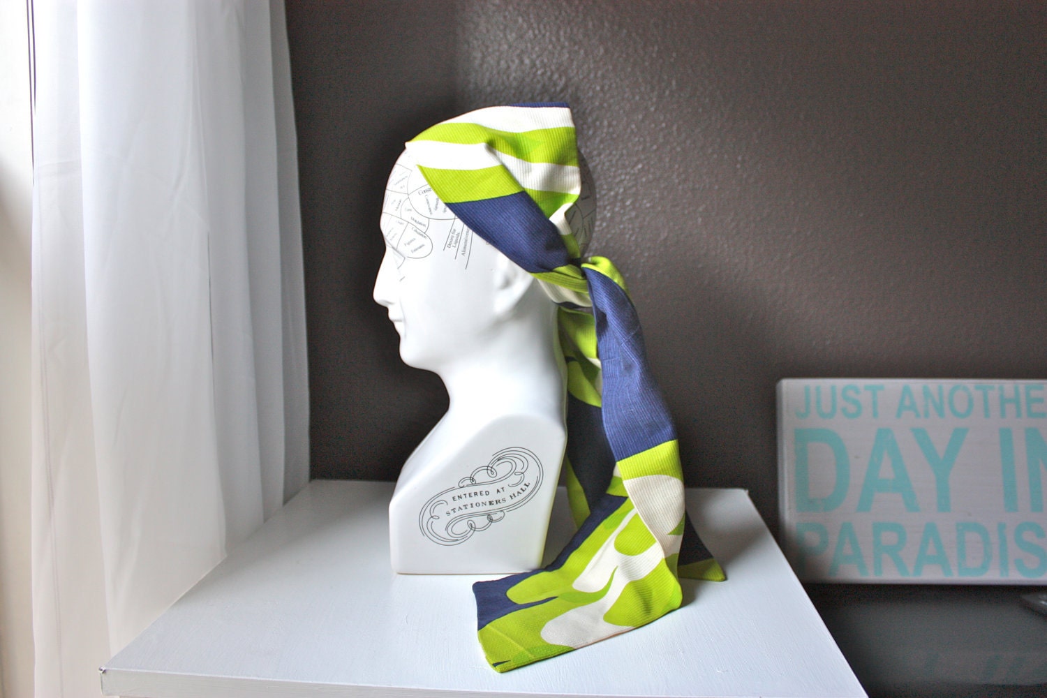 60s-70s Vintage Hippie Scarf, Wrap, Belt or Sash - Blue, Green & White Swirls